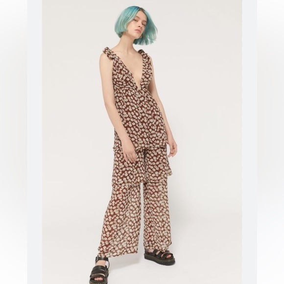 Urban Outfitters Pants - Urban Outfitters Inge Chiffon Plunge Tiered Ruffle Jumpsuit Floral Brown Boho XS